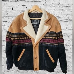 🔥Vintage 90's Southwestern Suede Leather Aztec Knit Bomber Jacket